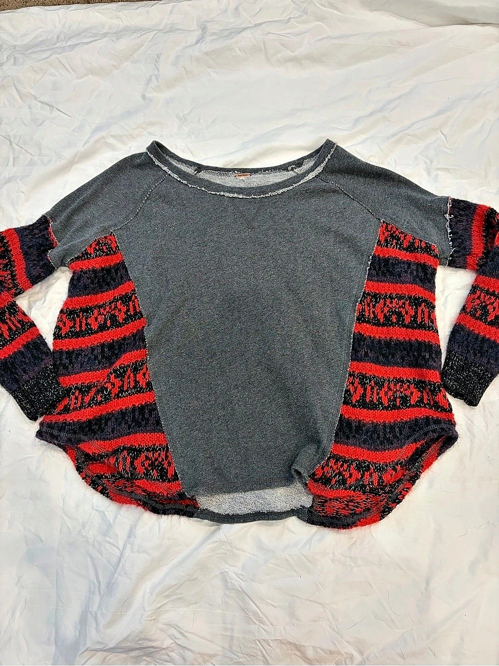 Free People Inside Out Pullover Striped Sweater Gray & Red